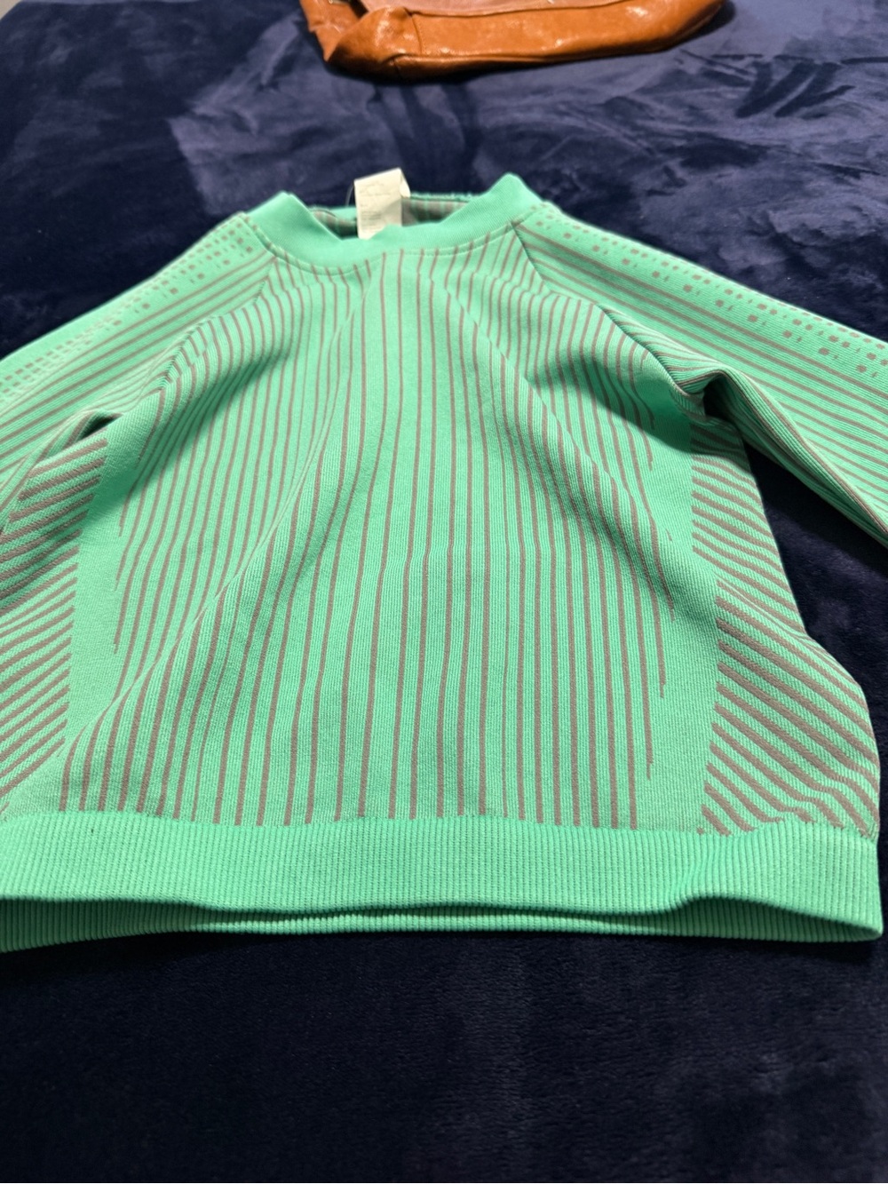 Fabletics Mint Green Crewneck Sweater with Gray Stripe Detail